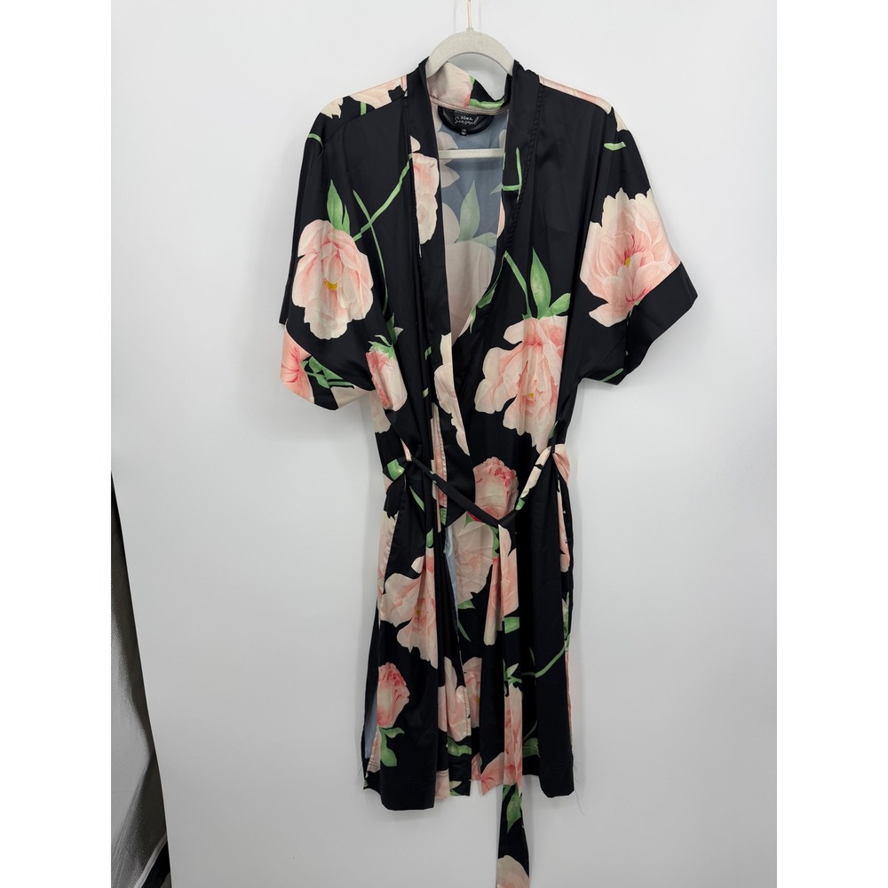 Soma Sensual Floral Robe Women L/XL Black Pink Peony Kimono Wrap Belted
